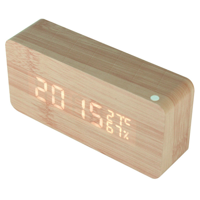 Wooden Digital LED Clock with Temperature Indicator: light natural wood, warm white/orange display digital alarm clock, minim