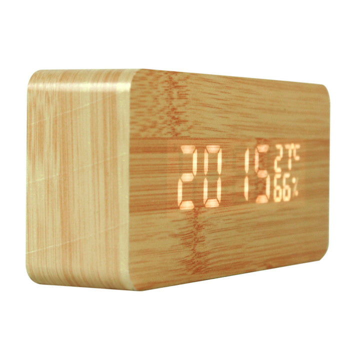Wooden Digital LED Clock with Temperature Indicator: light natural wood, warm white/orange display digital alarm clock, minim