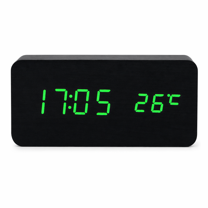 Wooden LED Digital Clock with Temperature Indicator Black with Green