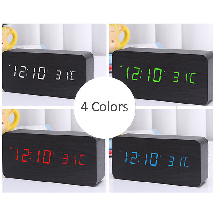 Wooden LED Digital Clock with Temperature Indicator: black, white digital alarm clock, minimal modern style