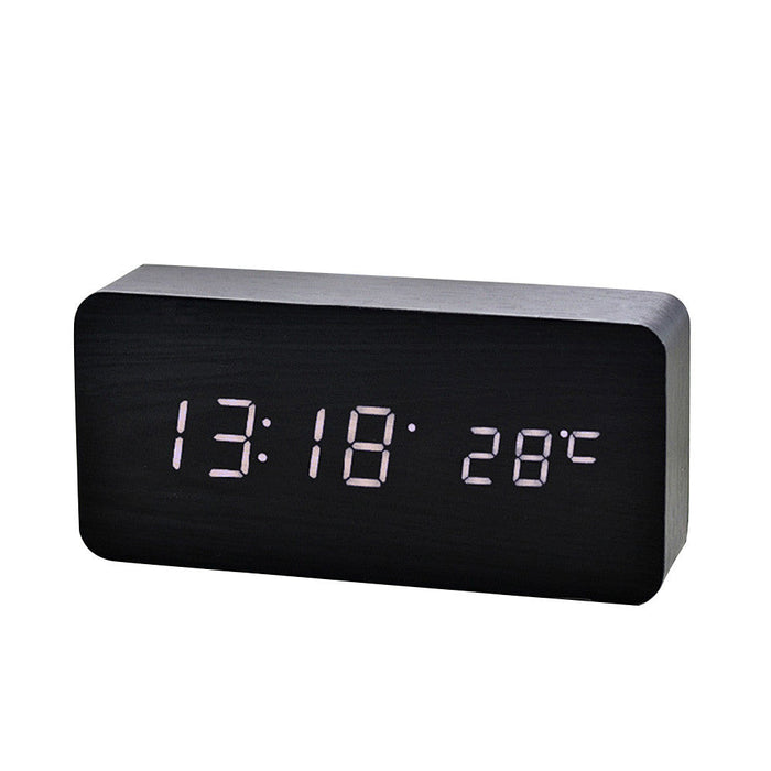 Wooden LED Digital Clock with Temperature Indicator: black, white digital alarm clock, minimal modern style