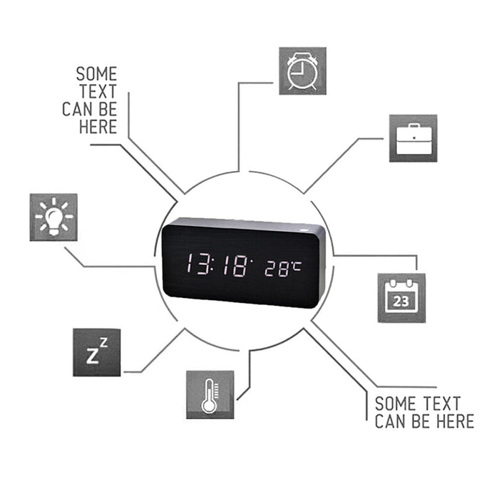 Wooden LED Digital Clock with Temperature Indicator: black, white digital alarm clock, minimal modern style