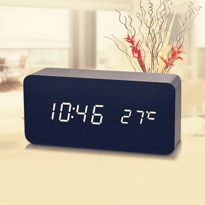 Wooden LED Digital Clock with Temperature Indicator: black, white digital alarm clock, minimal modern style