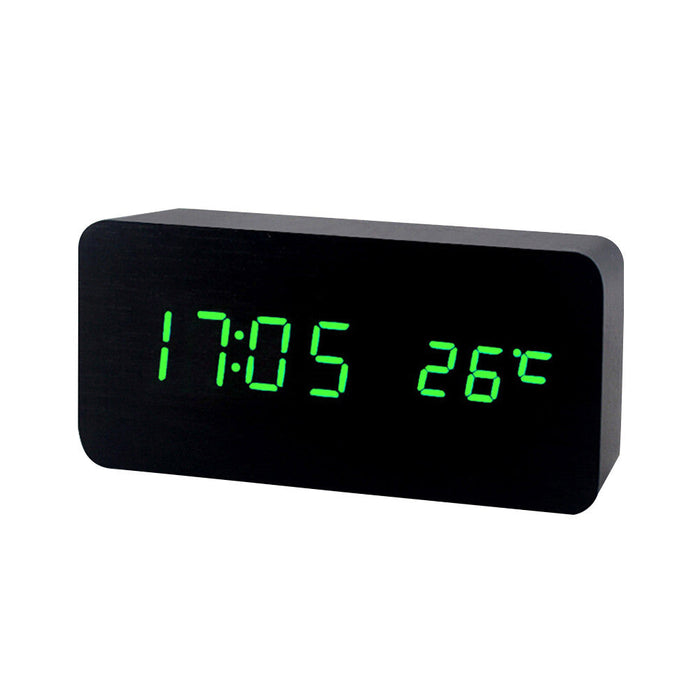 Wooden LED Digital Clock with Temperature Indicator: black, white digital alarm clock, minimal modern style