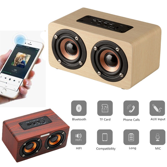 Wooden Retro Bluetooth Speaker with Vintage Design: light wood beige, black portable speaker, minimal modern style