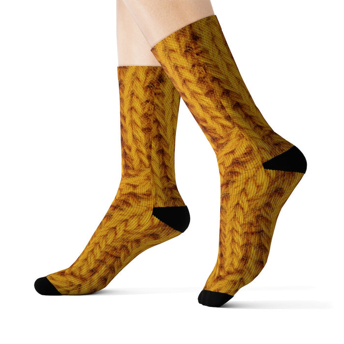 Wool Socks with Mustard Print Design for Fun and Novelty: mustard yellow, brown socks, patterned style