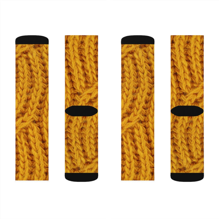 Wool Socks with Mustard Print Design for Fun and Novelty: mustard yellow, brown socks, patterned style