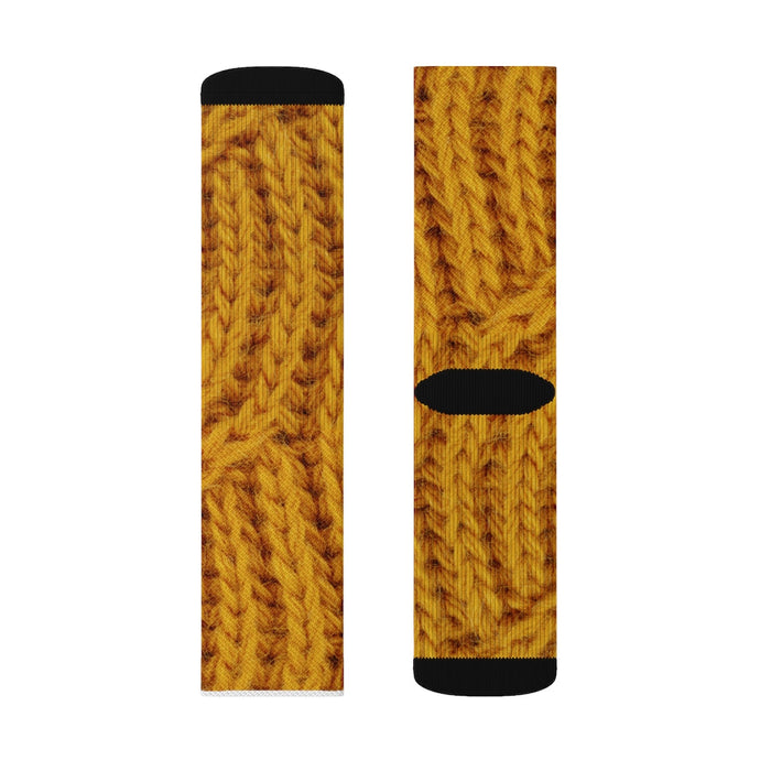 Wool Socks with Mustard Print Design for Fun and Novelty: mustard yellow, brown socks, patterned style