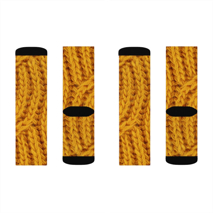 Wool Socks with Mustard Print Design for Fun and Novelty: mustard yellow, brown socks, patterned style