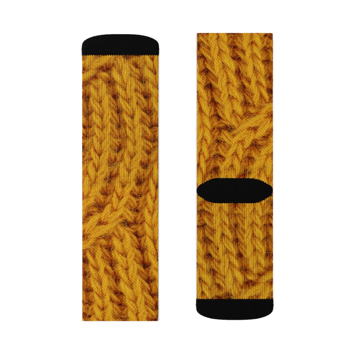 Wool Socks with Mustard Print Design for Fun and Novelty: mustard yellow, brown socks, patterned style