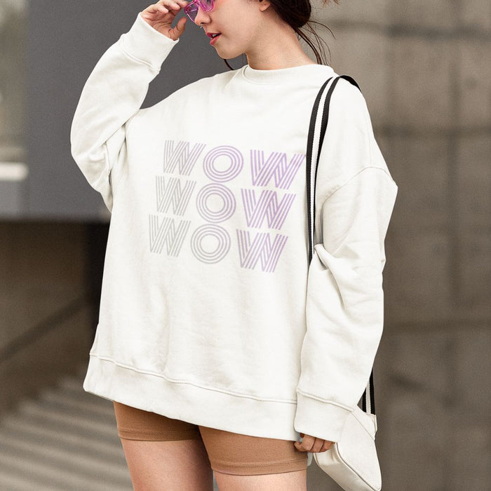 Wow Logo Sweatshirt for Women: off-white, light purple crewneck sweatshirt, minimal casual graphic style