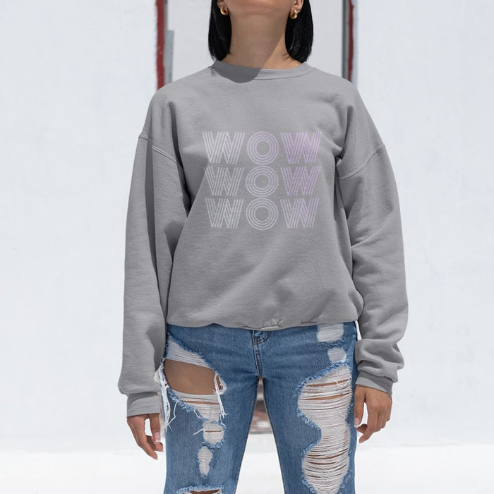 Wow Logo Sweatshirt for Women: off-white, light purple crewneck sweatshirt, minimal casual graphic style