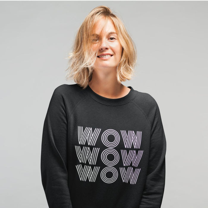 Wow Logo Sweatshirt for Women: off-white, light purple crewneck sweatshirt, minimal casual graphic style