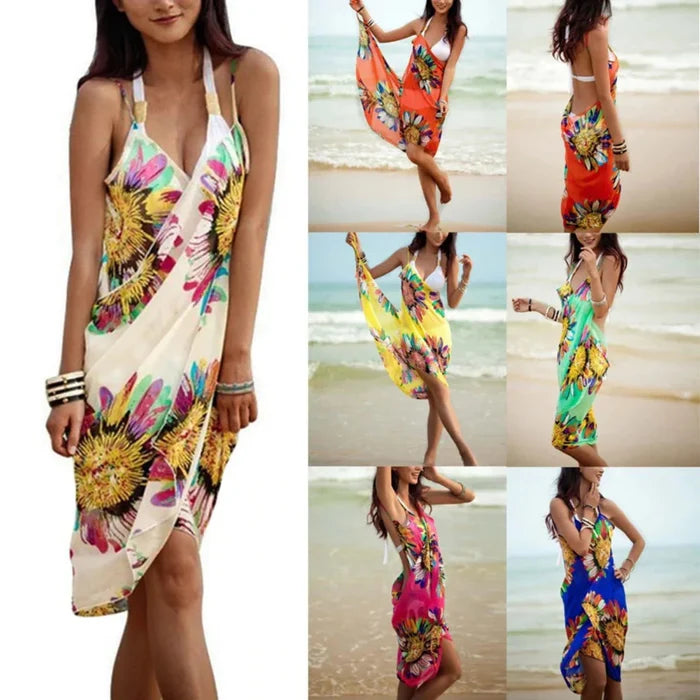 Wrap Style Sunflower Swimsuit Cover-Up: white, orange tropical floral print, bohemian tropical beachwear style