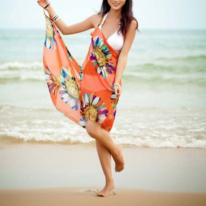 Wrap Style Sunflower Swimsuit Cover-Up: white, orange tropical floral print, bohemian tropical beachwear style
