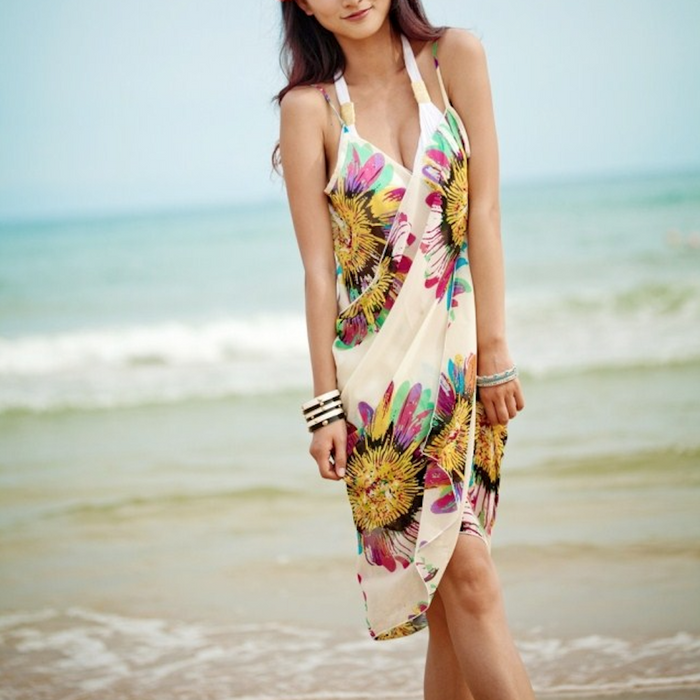 Wrap Style Sunflower Swimsuit Cover-Up: white, orange tropical floral print, bohemian tropical beachwear style