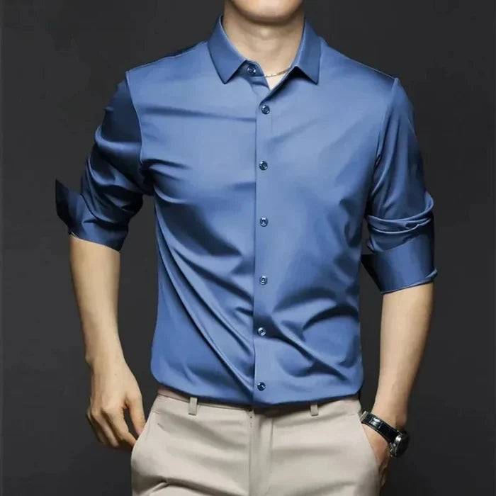 Wrinkle-Free Men's Shirt with Button Front: blue button-up shirt, minimal style