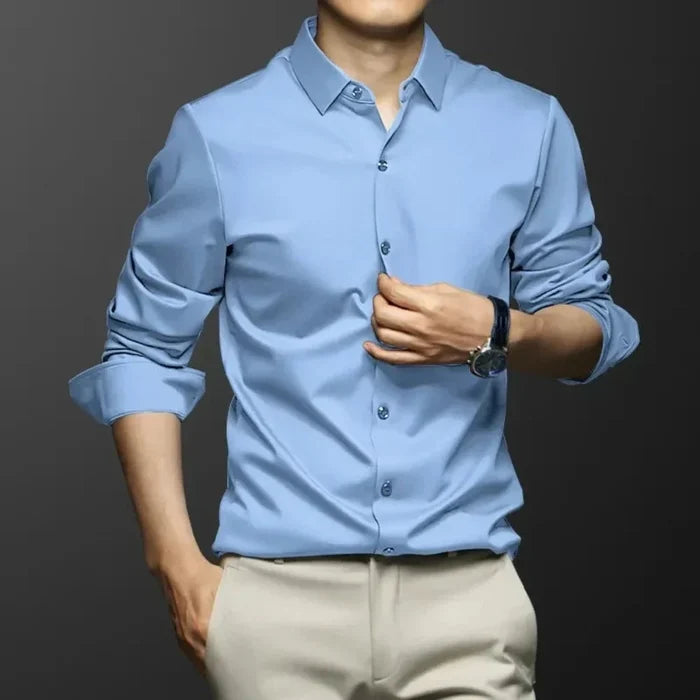 Wrinkle-Free Men's Shirt with Button Front: blue button-up shirt, minimal style