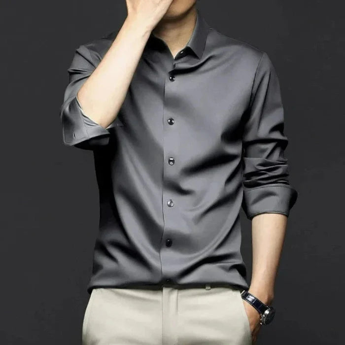 Wrinkle-Free Men's Shirt with Button Front: blue button-up shirt, minimal style