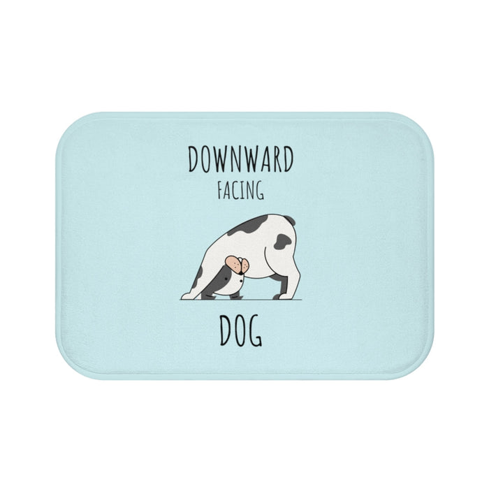 Yoga Bath Mat for the Downward Facing Dog Pose: light blue, white dog, cartoon, minimal style