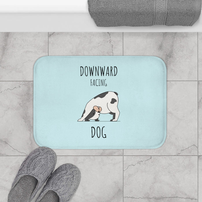Yoga Bath Mat for the Downward Facing Dog Pose: light blue, white dog, cartoon, minimal style