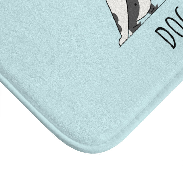 Yoga Bath Mat for the Downward Facing Dog Pose: light blue, white dog, cartoon, minimal style