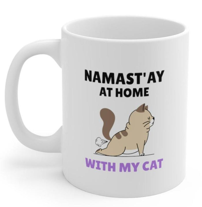 Yoga Cat Mug for Namast'ay-at-Home: white, black cat, cartoon, playful style