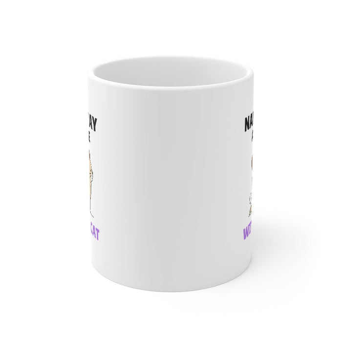 Yoga Cat Mug for Namast'ay-at-Home: white, black cat, cartoon, playful style