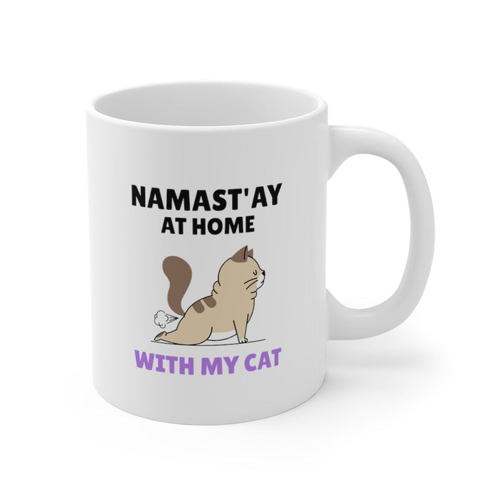 Yoga Cat Mug for Namast'ay-at-Home: white, black cat, cartoon, playful style