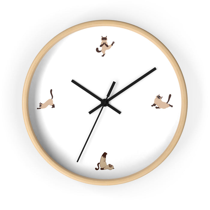 Yoga Cat Wall Clock: light wood, white cats, minimal cartoon style
