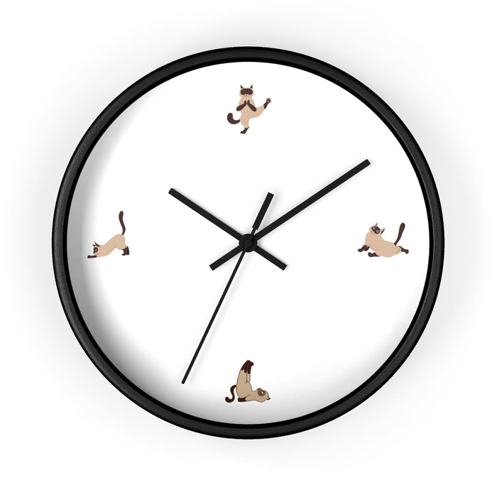 Yoga Cat Wall Clock: light wood, white cats, minimal cartoon style
