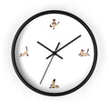 Yoga Cat Wall Clock: light wood, white cats, minimal cartoon style