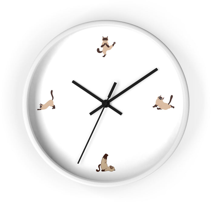 Yoga Cat Wall Clock: light wood, white cats, minimal cartoon style