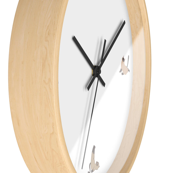 Yoga Cat Wall Clock: light wood, white cats, minimal cartoon style