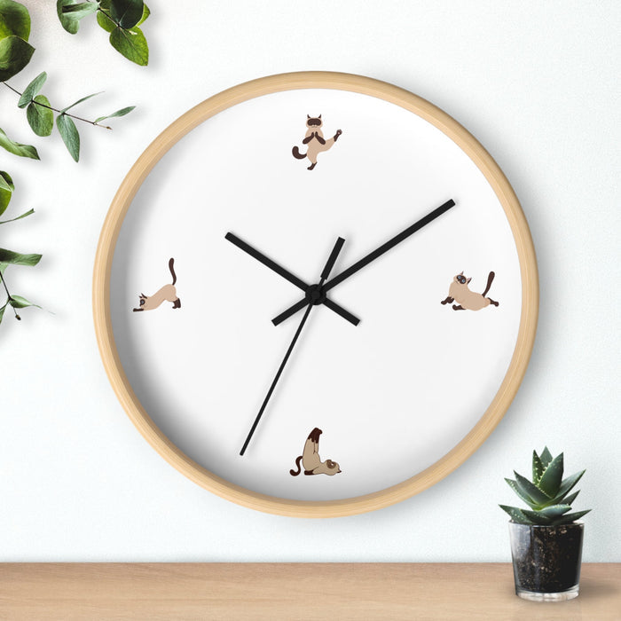 Yoga Cat Wall Clock: light wood, white cats, minimal cartoon style