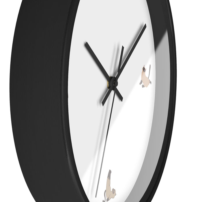 Yoga Cat Wall Clock: light wood, white cats, minimal cartoon style
