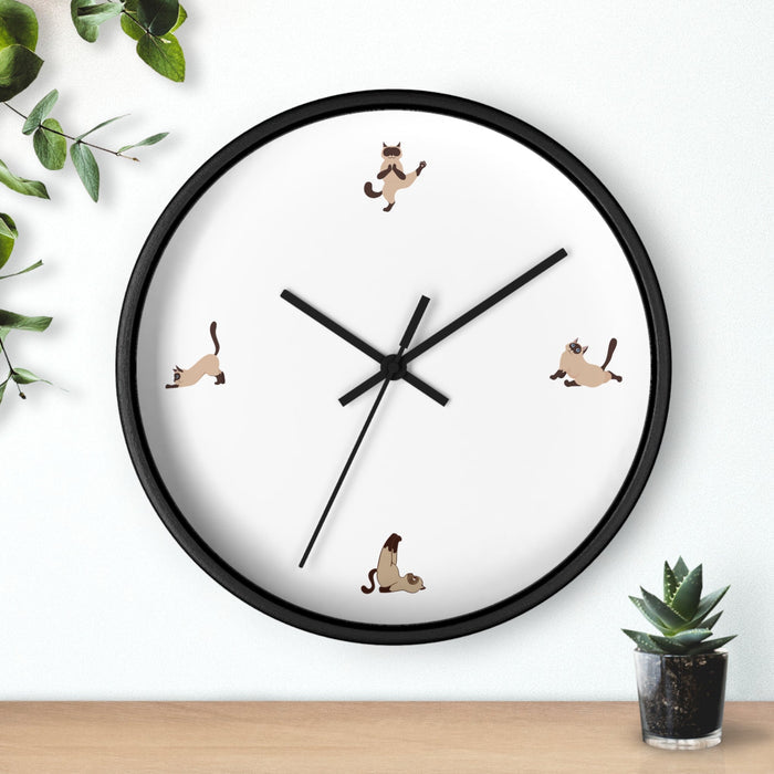 Yoga Cat Wall Clock: light wood, white cats, minimal cartoon style