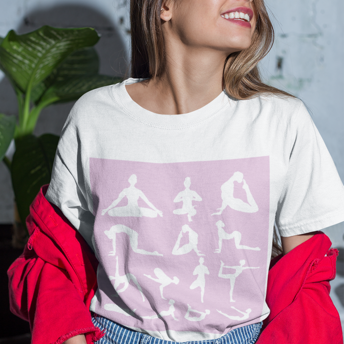 Yoga Haven Printed Tee: white, light pink yoga poses, minimal graphic style
