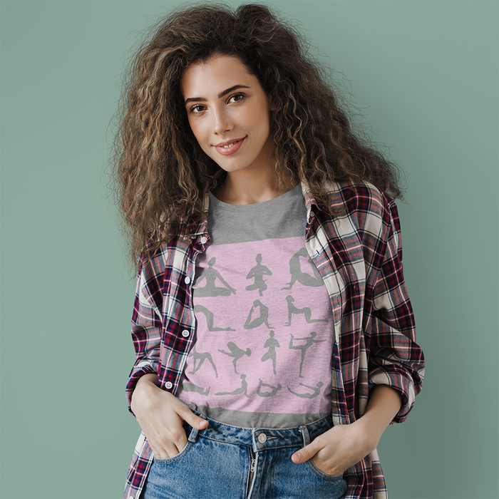 Yoga Haven Printed Tee: white, light pink yoga poses, minimal graphic style