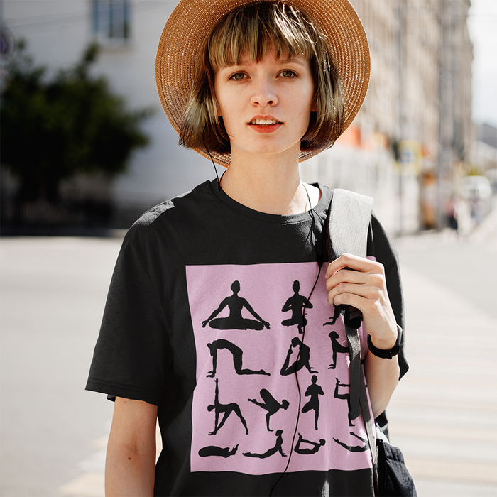 Yoga Haven Printed Tee: white, light pink yoga poses, minimal graphic style