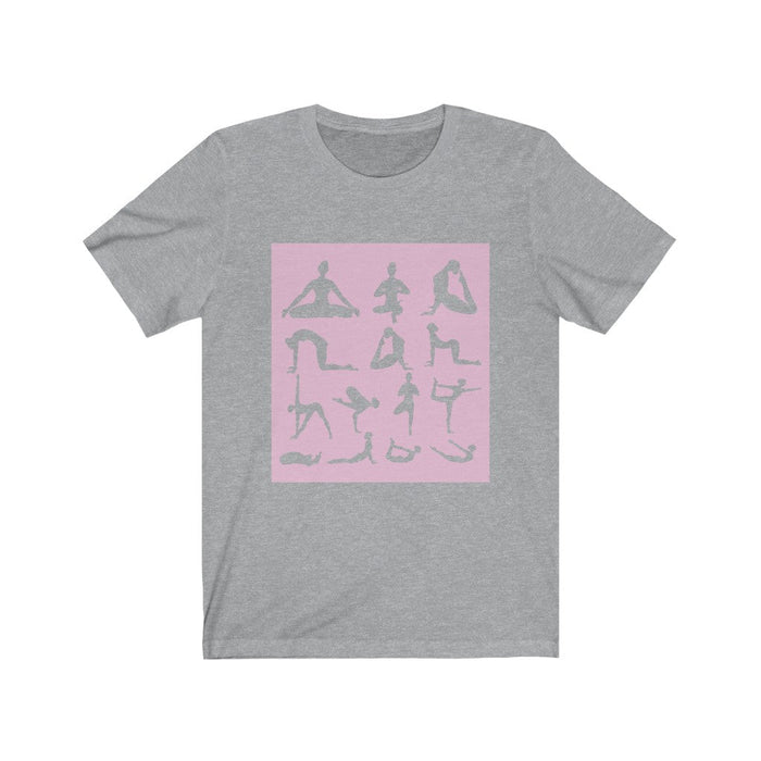 Yoga Haven Printed Tee: white, light pink yoga poses, minimal graphic style