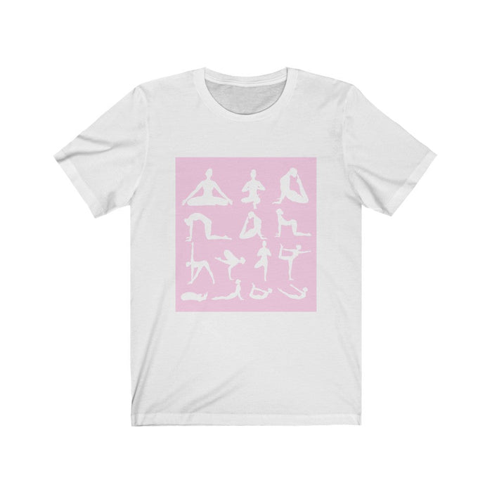 Yoga Haven Printed Tee: white, light pink yoga poses, minimal graphic style