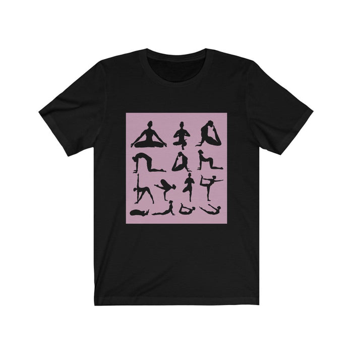 Yoga Haven Printed Tee: white, light pink yoga poses, minimal graphic style
