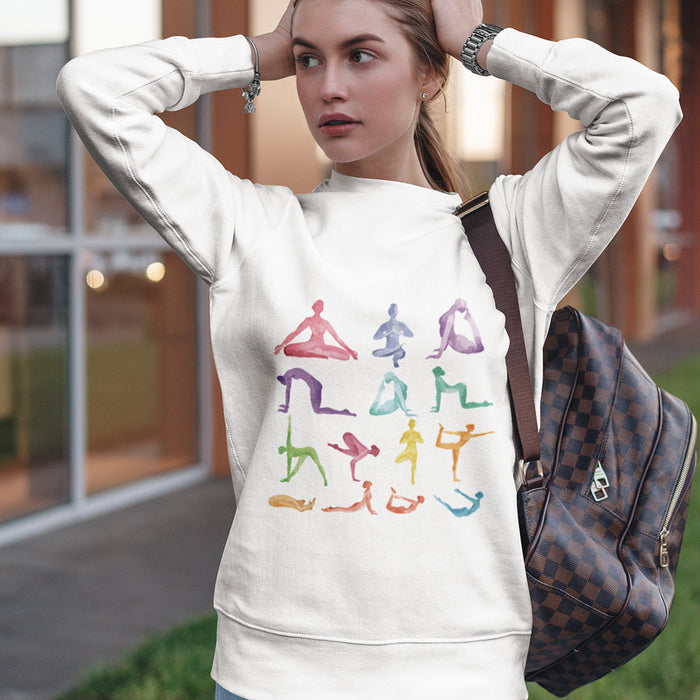 Yoga-Inspired Pullover Sweatshirt: off-white, multicolor graphic yoga/meditation figures, casual graphic style