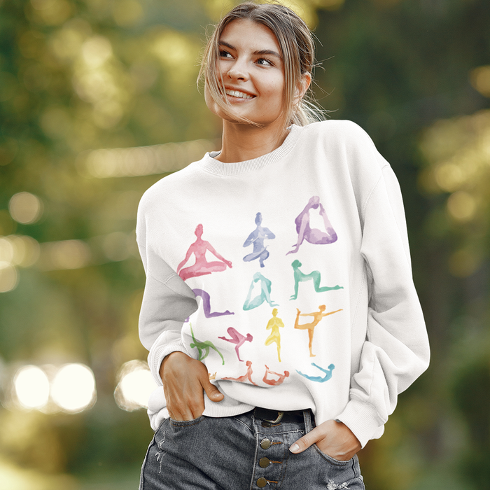 Yoga-Inspired Pullover Sweatshirt: off-white, multicolor graphic yoga/meditation figures, casual graphic style
