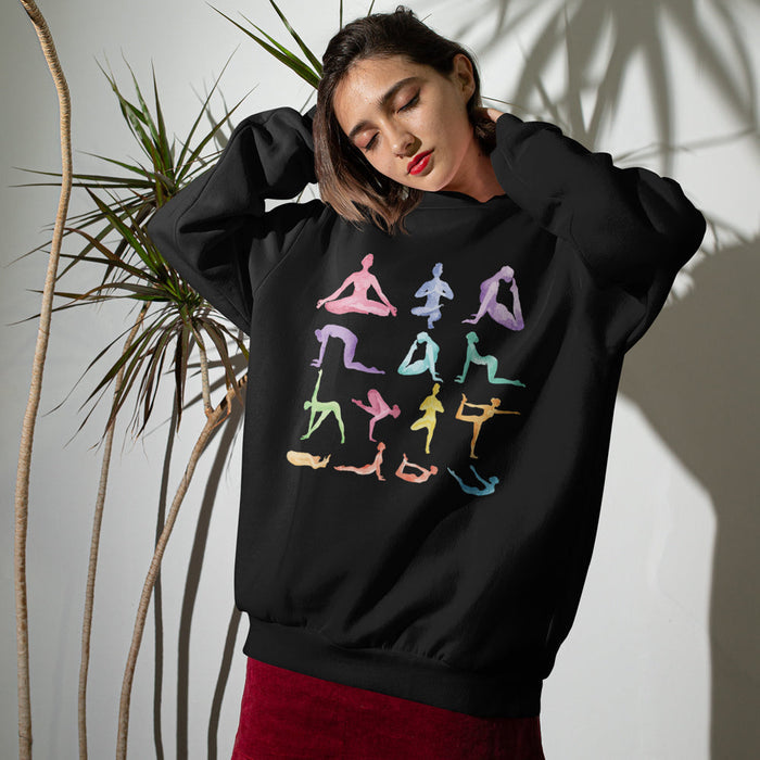 Yoga-Inspired Pullover Sweatshirt: off-white, multicolor graphic yoga/meditation figures, casual graphic style