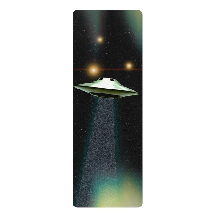 Yoga Mat for Unidentified Flying Objects: black, dark green UFO spacecraft in outer space, retro sci-fi illustration style