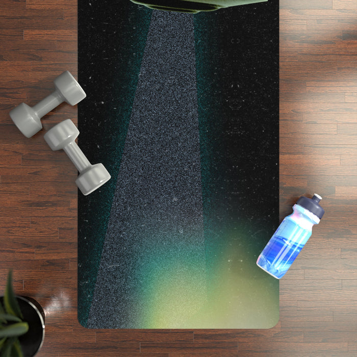 Yoga Mat for Unidentified Flying Objects: black, dark green UFO spacecraft in outer space, retro sci-fi illustration style