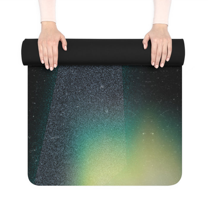Yoga Mat for Unidentified Flying Objects: black, dark green UFO spacecraft in outer space, retro sci-fi illustration style