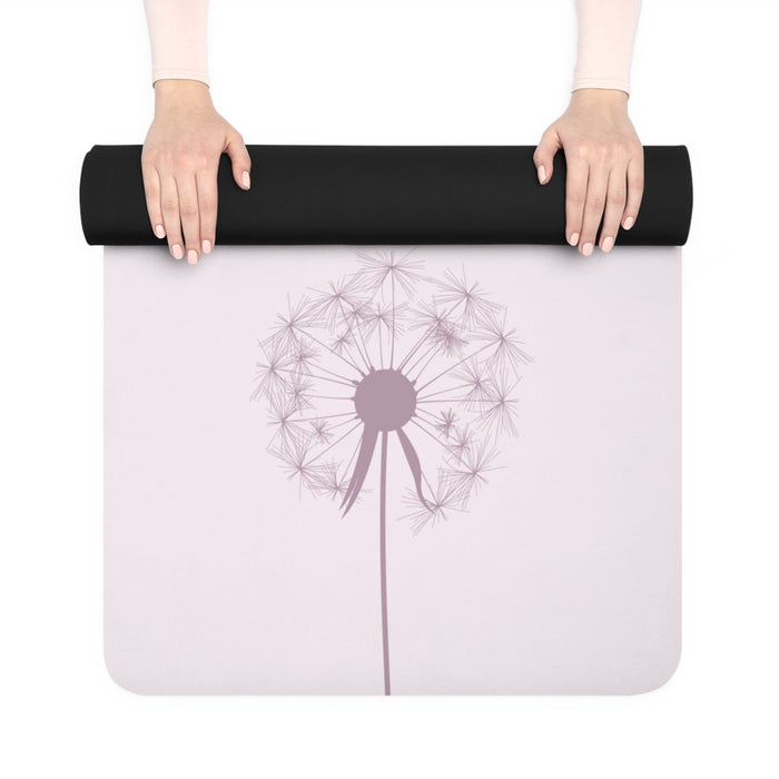 Yoga Mat with Summer Dandelion Design: pale pink, white dandelion, minimal style